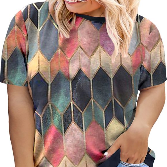 Geometric Print Tee-Shirt Plus Size Crew Neck (Red and Black) - Picture 1 of 3